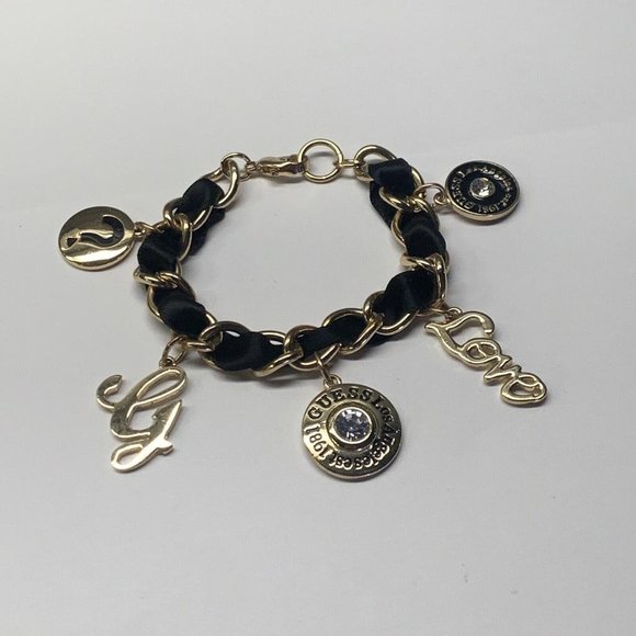 Signed Guess Costume Jewelry Bracelet Gold Tone / Black Ribbon / Charms - Picture 1 of 12